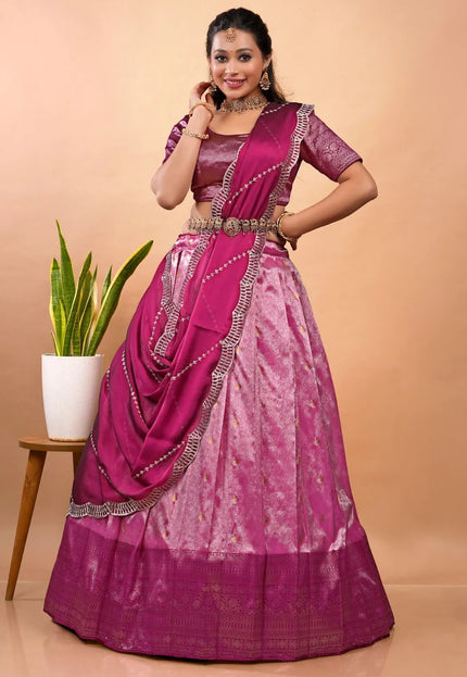 Pink Latest Zari Self Jacquard Lehenga Choli Set