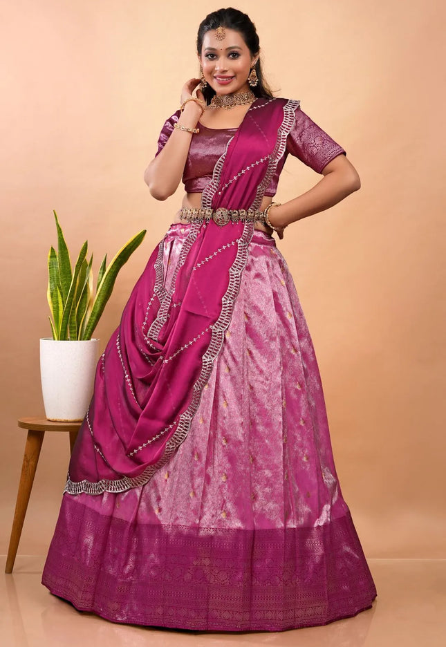Pink Latest Zari Self Jacquard Lehenga Choli Set