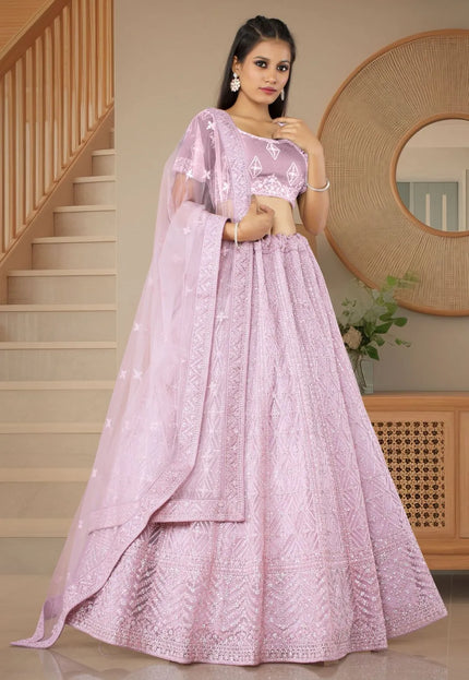 Pink Net Party wear Embroidered Lehenga Choli For Women