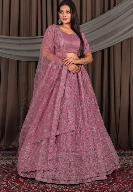 Pink Party-Wear Embroidered Net Lehenga Choli For Wedding