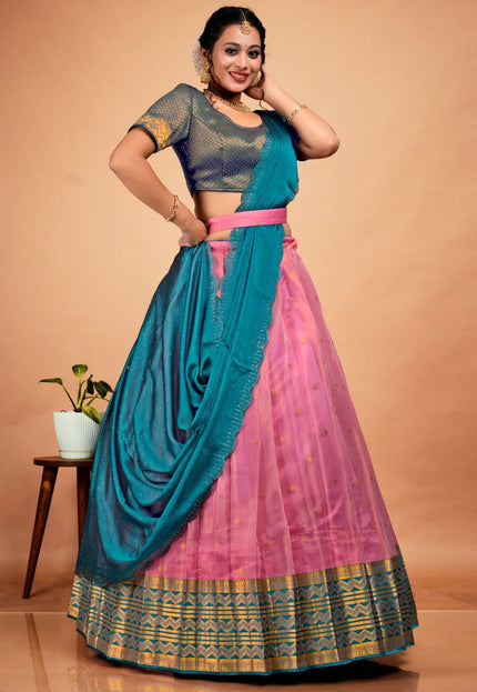Pink Tissue Silk Semi-Stitched Lehenga Choli For Women