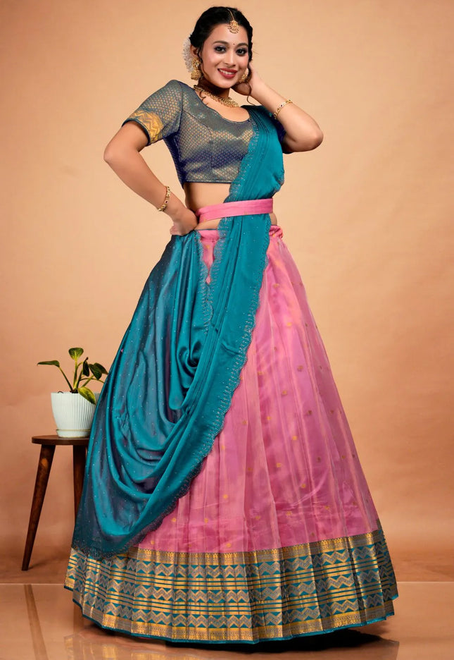 Pink Tissue Silk Semi-Stitched Lehenga Choli For Women