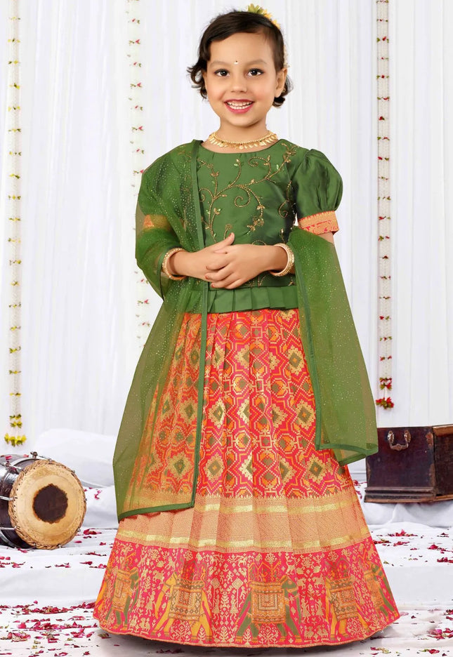 Pink Traditional Patola Style Lehenga Choli Set for Girls Festive Wear