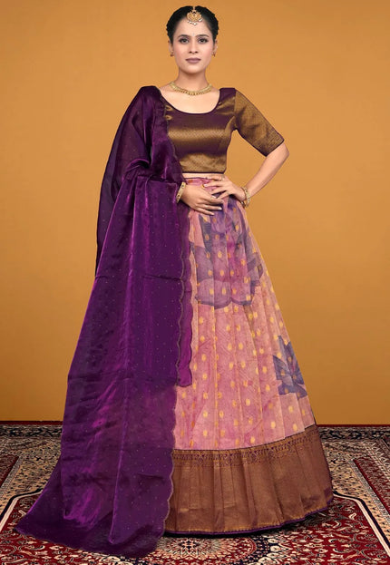 Pink Traditional Zari Tissue Silk Lehenga Choli With Dupatta