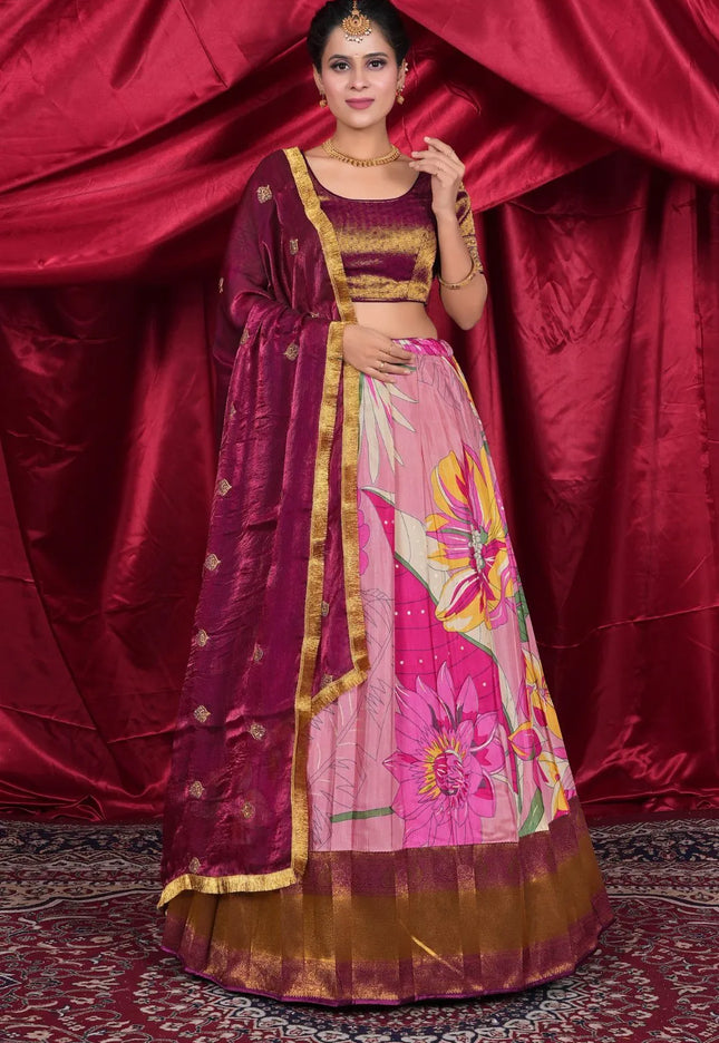 Pink Viscose Digital Lehenga Choli with Dupatta For Women