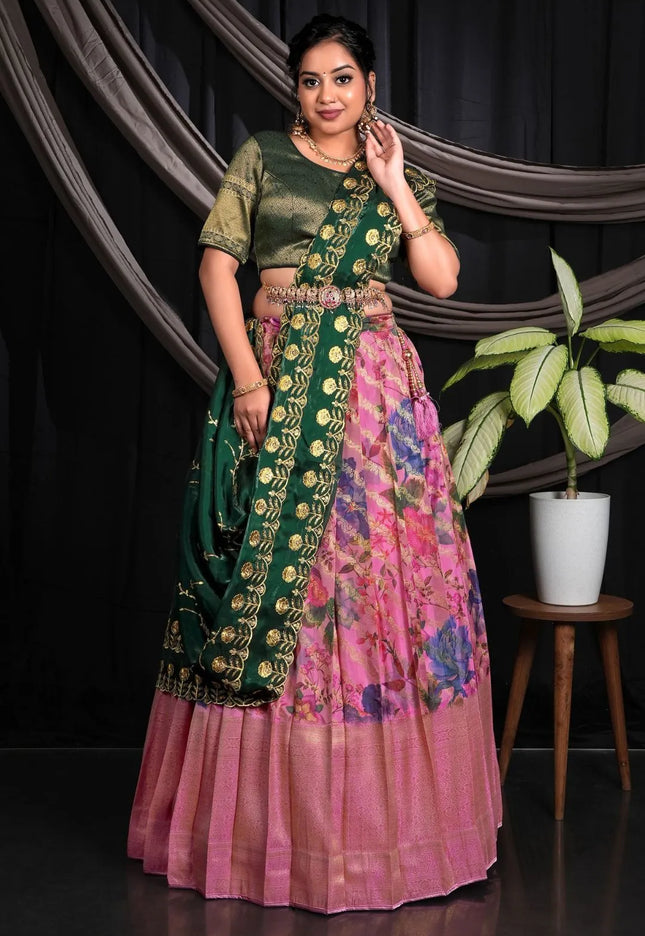 Pink Viscose Silk Half Saree With Digital Print For Girls