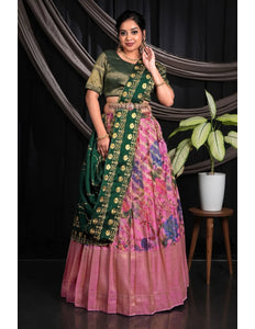 Pink Viscose Silk Half Saree With Digital Print For Girls