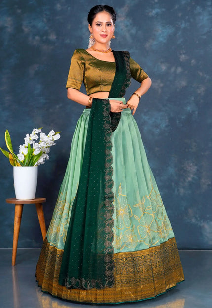 Pista Banarasi Half Saree with Embroidery For Women