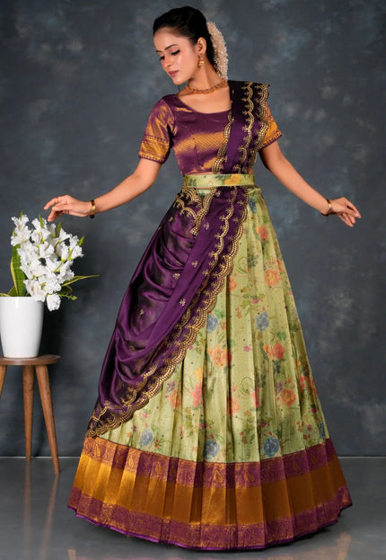 Pista Banarasi Silk Lehenga Choli With Digital Print