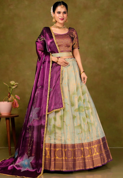 Pista Burberry Pattu Lehenga Choli With Digital Print