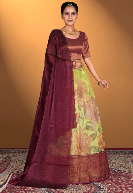 Pista Digital Print Traditional Tissue Silk Lehenga Choli