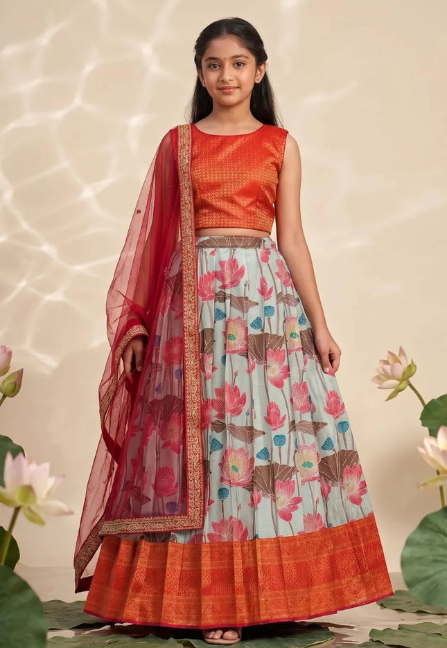 Girls Lotus Floral Printed Lehenga with Textured Sleeveless Crop-Top