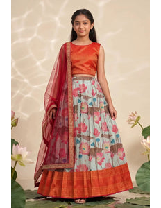 Girls Lotus Floral Printed Lehenga with Textured Sleeveless Crop-Top
