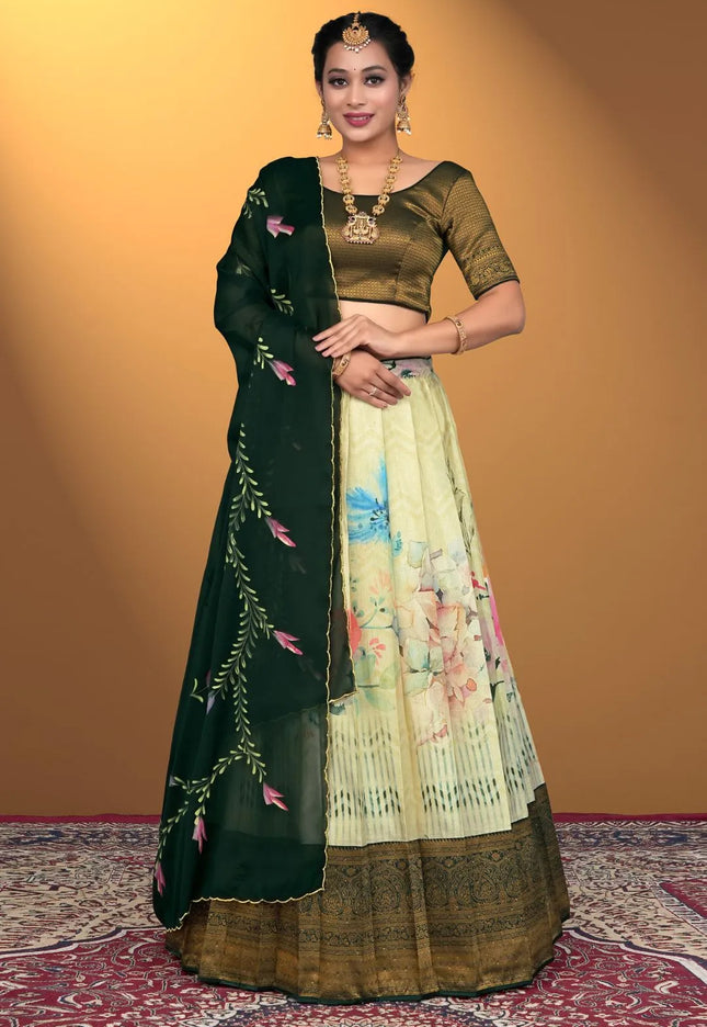 Pista Satin Digital Print Lehenga Choli With Rangoli Dupatta