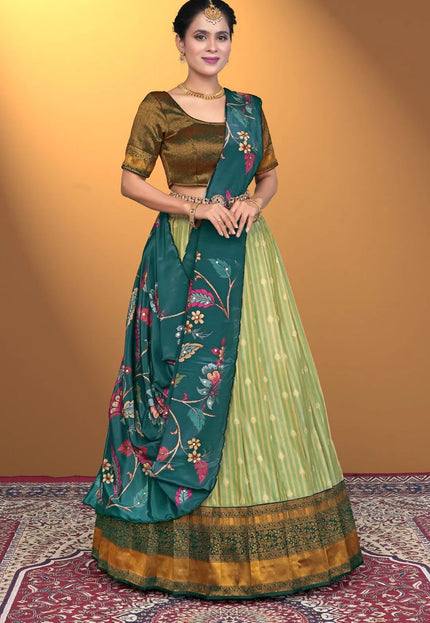 Pista Self Jacquard Semi-Stitched Lehenga For Women