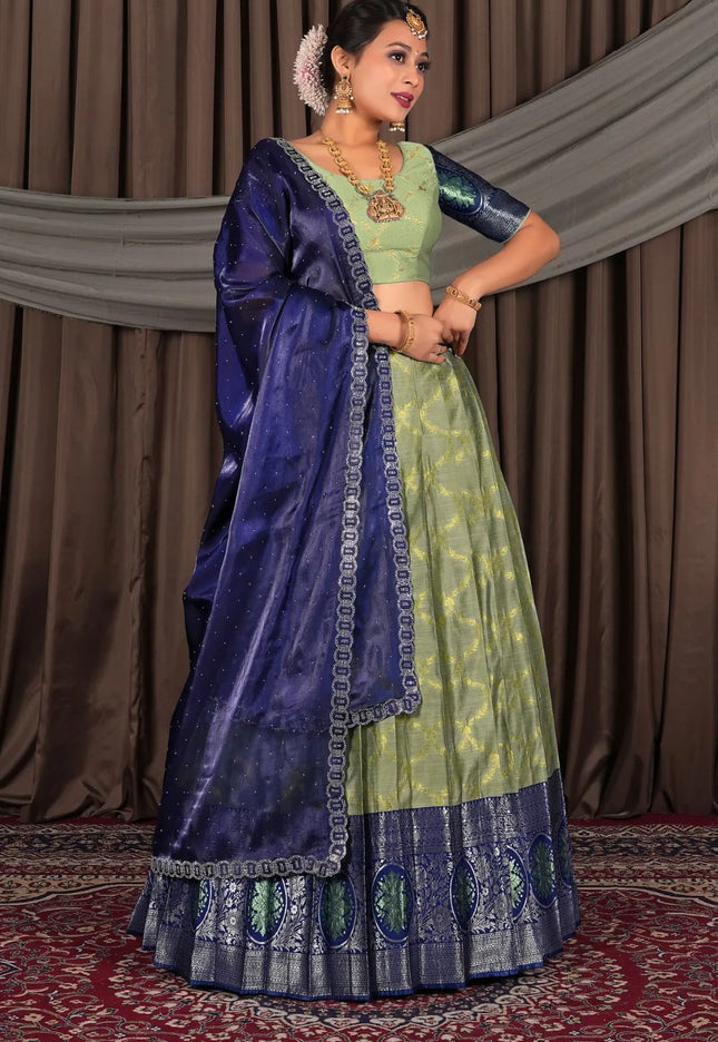 Pista Silk Zari Work Lehenga Choli With Dupatta For Women
