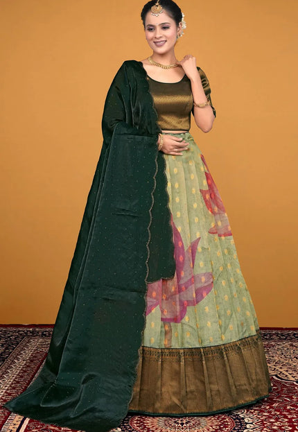 Pista Traditional Zari Tissue Silk Lehenga Choli With Dupatta