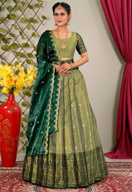 Pista Zari Silk Lehenga Choli With Dupatta For Women