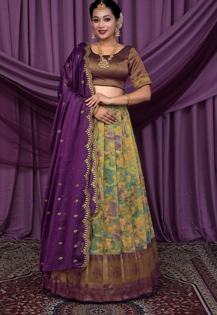 Pista Zari Tissue Silk Digital Print Lehenga Choli For Women