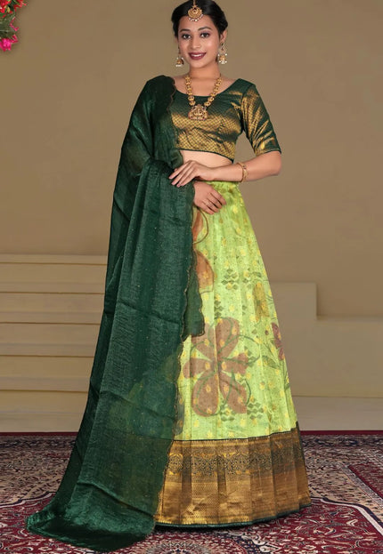 Pista Zari Tissue Silk Digital Print Lehenga Choli With Dupatta