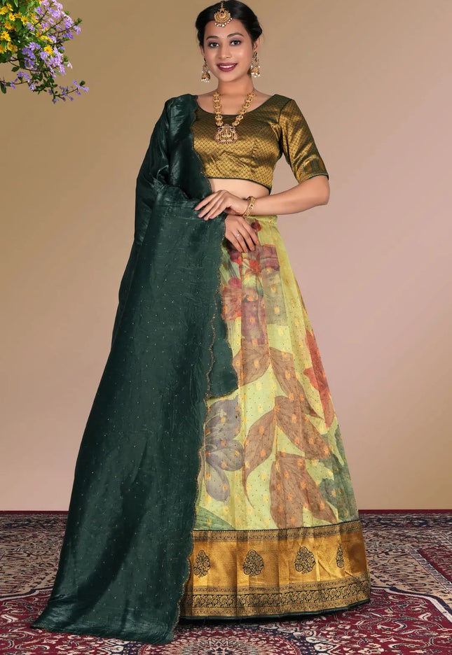 Pista Zari Tissue Silk Digital Printed Lehenga Choli With Dupatta