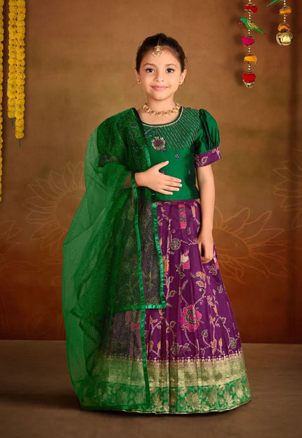 Purple Banarasi Kids Lehenga Choli with Green Dupatta For Girls