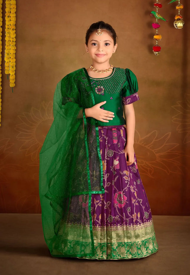 Purple Banarasi Kids Lehenga Choli with Green Dupatta For Girls
