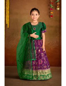 Purple Banarasi Kids Lehenga Choli with Green Dupatta For Girls