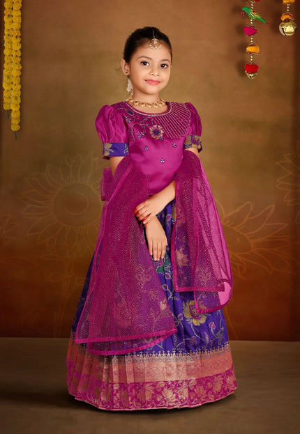 Purple Banarasi Kids Lehenga Choli with Rani Dupatta For Girls