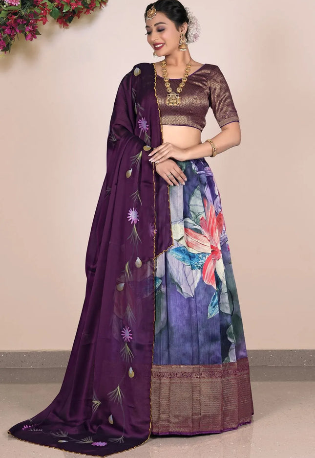 Purple Banglori Slub Digital Printed Lehenga Choli With Dupatta