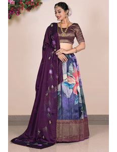 Purple Banglori Slub Digital Printed Lehenga Choli With Dupatta