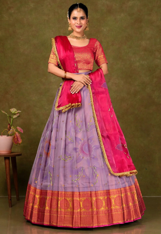 Purple Burberry Pattu Lehenga Choli With Digital Print