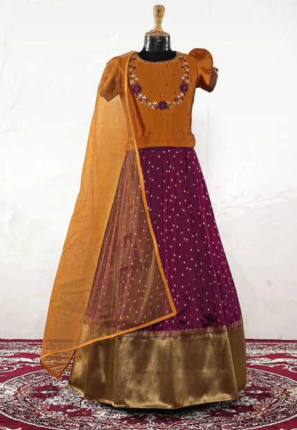Purple Classic Zari Border Lehenga Choli for Girls with Net Dupatta