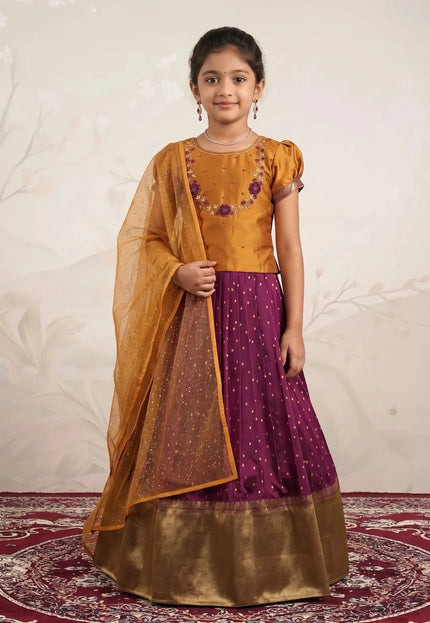 Purple Classic Zari Border Lehenga Choli for Girls with Net Dupatta
