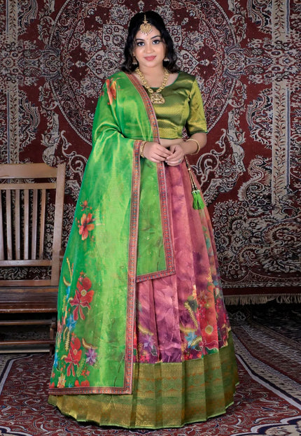 Purple Digital Print Tissue Silk Half Saree For Women