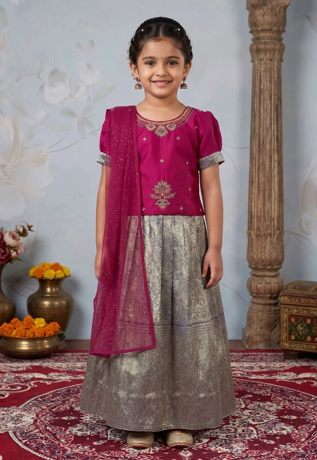Purple Festive Lehenga Choli Set with Rani Top for Kids