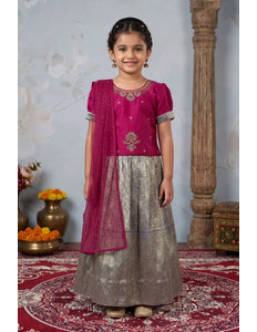 Purple Festive Lehenga Choli Set with Rani Top for Kids