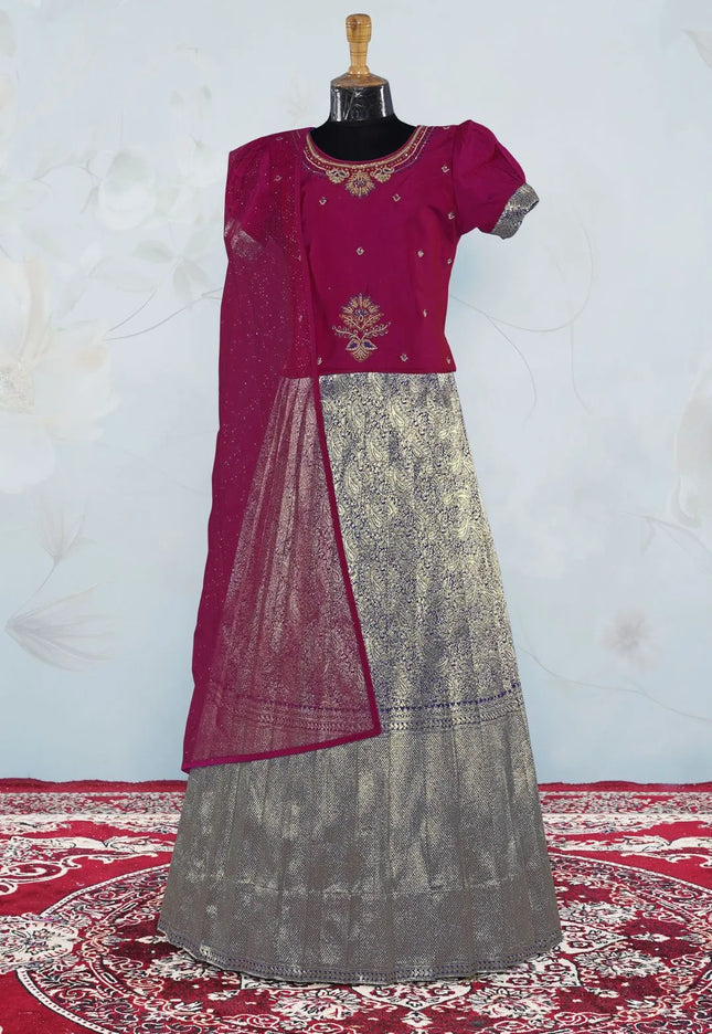 Purple Festive Lehenga Choli Set with Rani Top for Kids