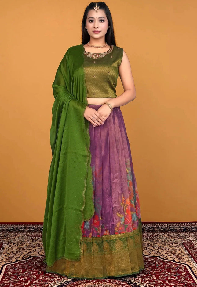 Purple Floral Print Lehenga with Silk Blouse and Dupatta for Women