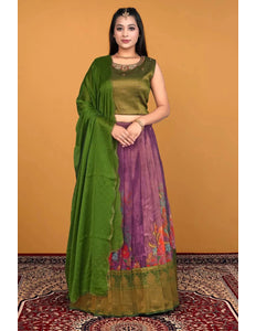 Purple Floral Print Lehenga with Silk Blouse and Dupatta for Women