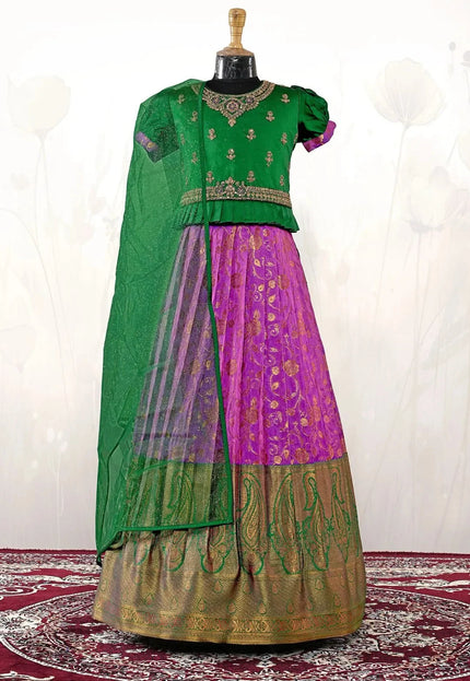 Purple Girls Paisley-Border Lehenga Choli Kids Knife-Pleated Blouse Set