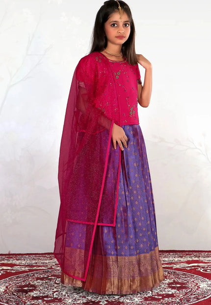 Purple Girls Designer Ghagra Choli Puff Sleeve Blouse with Net Dupatta
