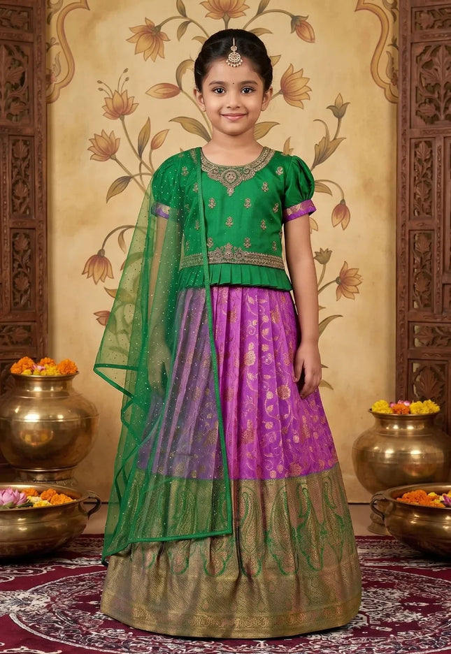 Purple Girls Paisley-Border Lehenga Choli Kids Knife-Pleated Blouse Set