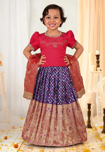 Purple Girls Stone-Embellished Langa Voni Kids Ornate Floral Skirt Set