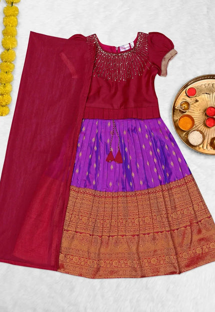 Purple Kids Linear-Embellished Langa Voni Girls Wide-Border Lehenga