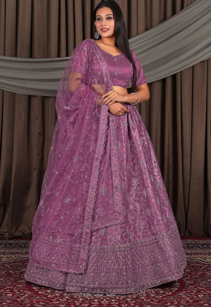 Purple Party-Wear Embroidered Net Lehenga Choli For Wedding