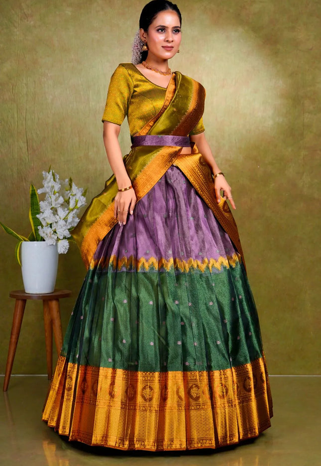 Purple Tissue Silk Zari Work Half Saree For Women