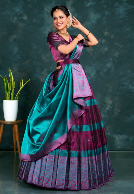 Purple Tissue Silk Half Saree With Dupatta For Women