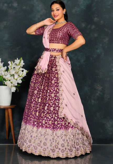 Purple Viscose Muslin Floral Lehenga Choli Rangoli Dupatta