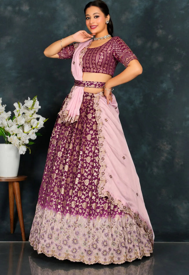 Purple Viscose Muslin Floral Lehenga Choli Rangoli Dupatta